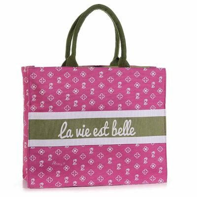 Fuchsiafarbene Stoff-Einkaufstasche „La vie st belle“ mit Griffen und Reißverschluss