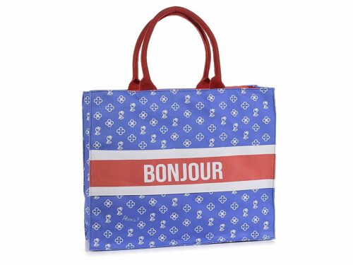 Borsa tote bag in tessuto blu e rosso ''Bonjour'' con manici e chiusura a zip