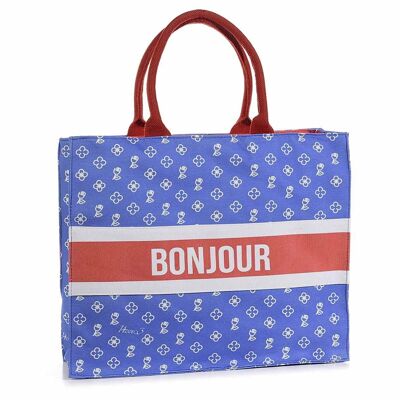 Borsa tote bag in tessuto blu e rosso ''Bonjour'' con manici e chiusura a zip