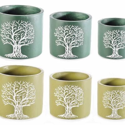 Cement vases with tree of life decoration in a set of 3 pieces