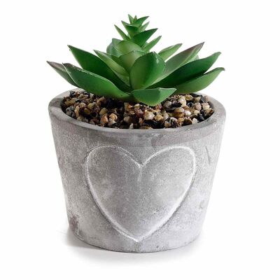 White and gray concrete vase with heart and succulent decoration