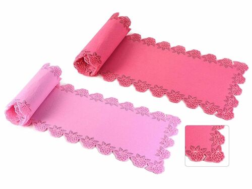 Runner per tavolo in panno rosa e fucsia con bordi decorati con rose