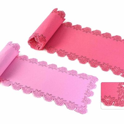 Runner per tavolo in panno rosa e fucsia con bordi decorati con rose