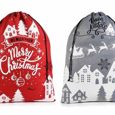 Bolsas de regalo de tela con letras y adornos navideños.