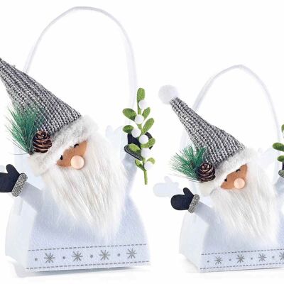 Santa Claus bags in cloth with hat, pompon and artificial flowers in a set of 2 pieces