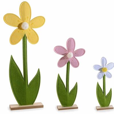 Flores decorativas en tela de colores sobre base de madera en juego de 3 piezas.