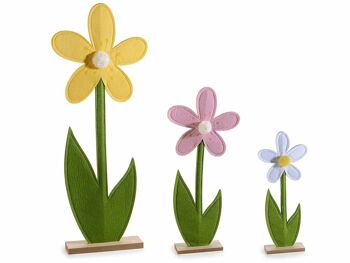Fleurs décoratives en tissu coloré sur socle en bois en lot de 3 pièces