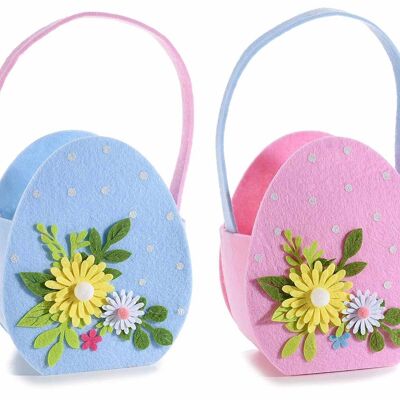 Bolsas de dulces en tela de colores con forma de huevo y flores en relieve.