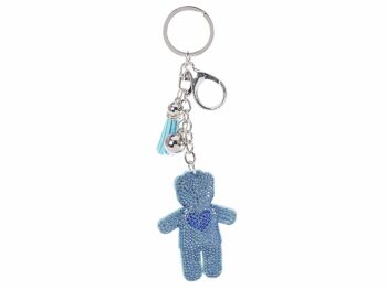 Breloques bébé bleu / porte-clés avec paillettes, pompon et pendentif coeur 14zero3