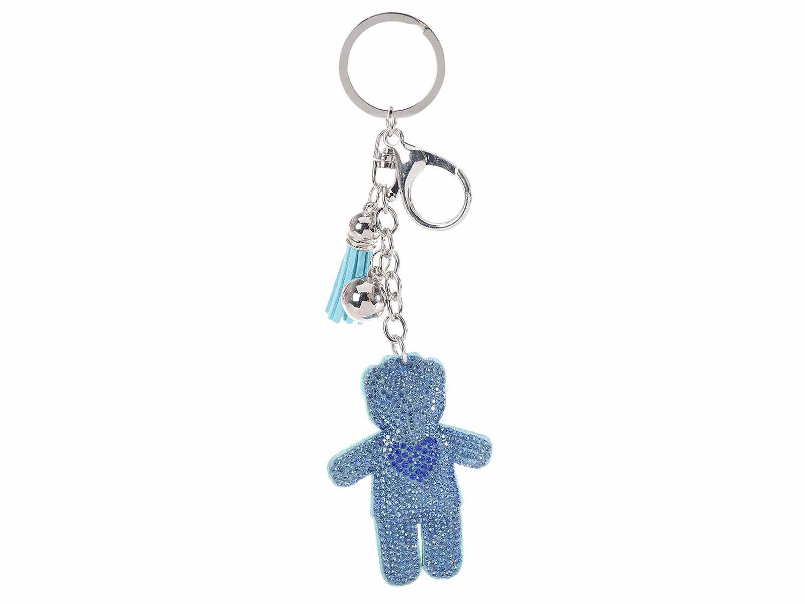 Charms / portachiavi bimbo blu con brillantini, nappina e cuoricino pendente