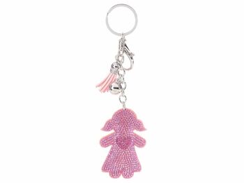 Charms fille rose / porte-clés avec strass, pompon et pendentif coeur 14zero3
