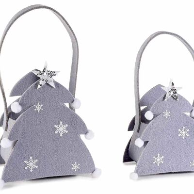 Árbol de Navidad Bolsas navideñas de tela gris con pompones blancos y estrella de lentejuelas plateadas