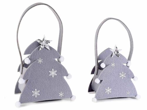 Borsette natalizie ad albero di Natale in panno grigio con pompon bianchi e stella di paillettes argento
