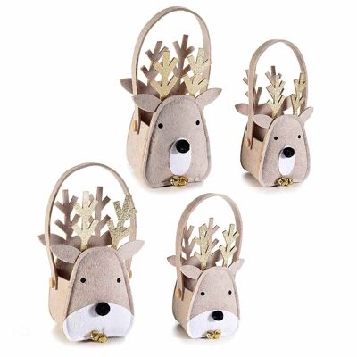 Christmas reindeer bags in padded cloth with golden glitter bell and antlers in a set of 2 pcs