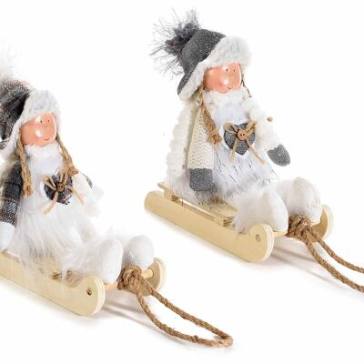 Filles de Noël en résine avec robe en fausse fourrure sur traîneau en bois
