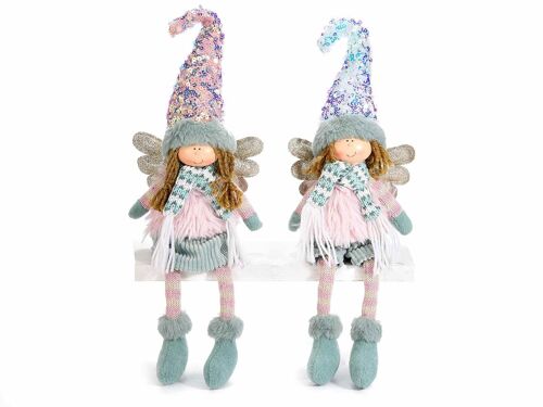 Angeli decorativi in stoffa con gambe lunghe, abito in finta pelliccia, cappello modellabile con paillettes e ali in glitter