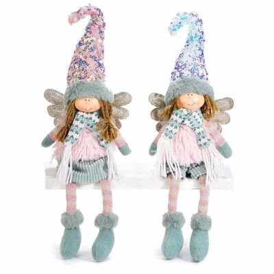 Decorative fabric angels with long legs, faux fur dress, moldable hat with sequins and glitter wings