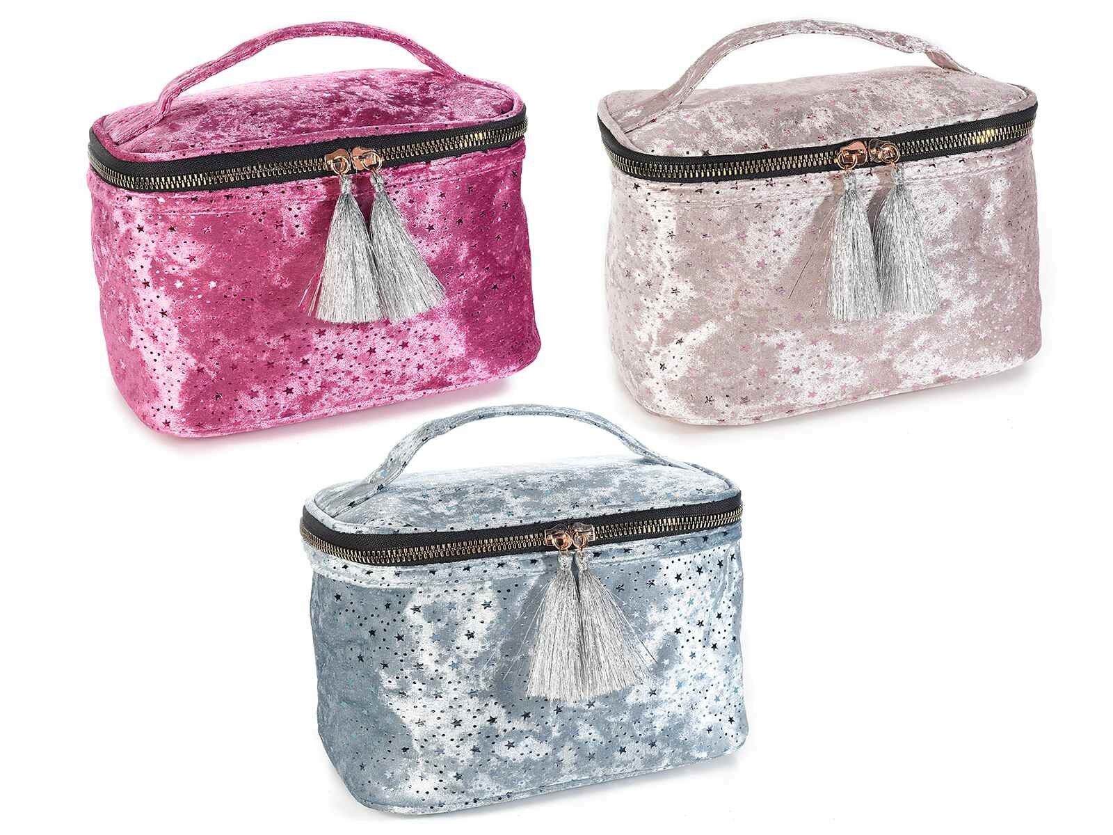 Kosmetiktasche aus Stoff mit goldenen Sternen, dekorativen Quasten und Reißverschluss