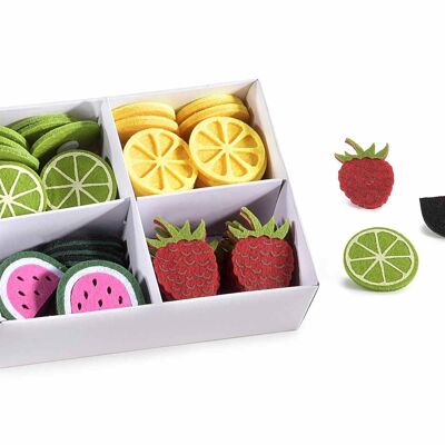 Fruit-shaped decorations with double-sided adhesive in a display of 64 pieces