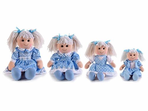 Set 4 bambole in stoffa imbottita con abiti azzurro e morbidi capelli