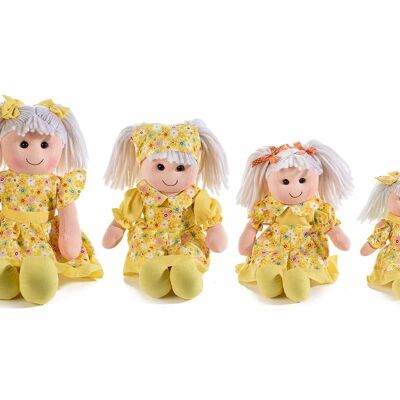 Set 4 bambole con abiti giallo e morbidi capelli in stoffa imbottita