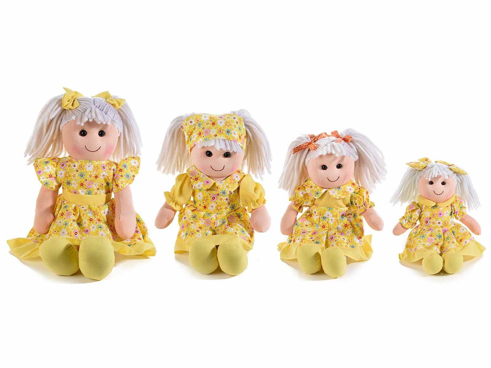 Set of 4 dolls with yellow clothes and soft hair in padded fabric