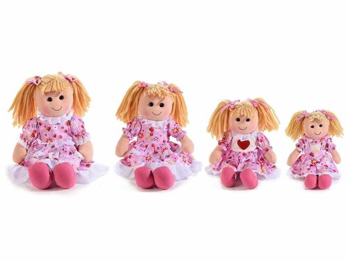 Set 4 bambole in stoffa imbottita con abito rosa e morbidi capelli