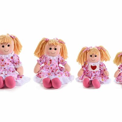 Set of 4 stuffed fabric dolls with pink dresses and soft hair