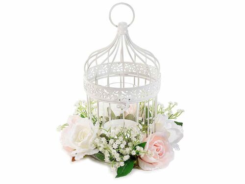 Gabbie in metallo bianco con rose artificiali e vaso porta candela