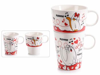 Mugs Chats amoureux en lot de deux pièces en porcelaine à décor "Chats amoureux"