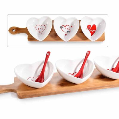 Set per aperitivo con 3 coppette porcellana a cuore su vassoio in legno design 14zero3