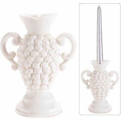 Amphora candle holder in polished and worked white porcelain