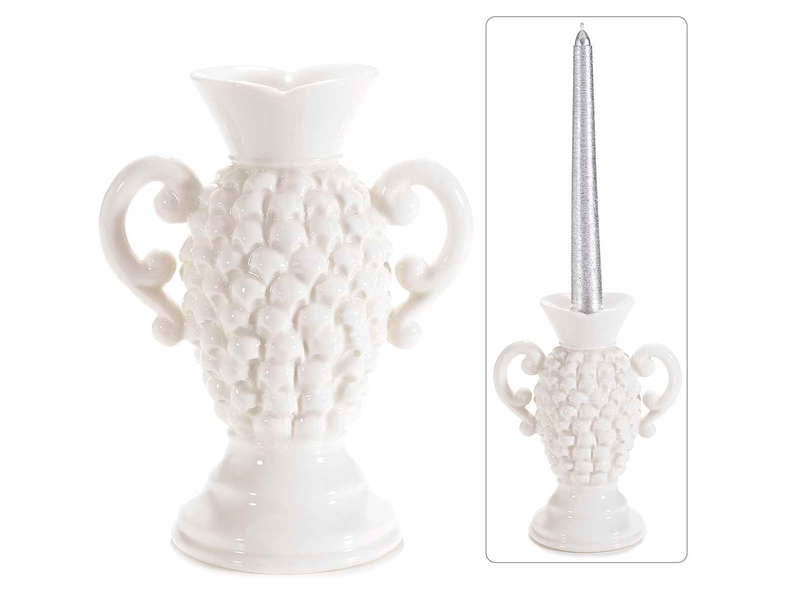 Amphora candle holder in polished and worked white porcelain