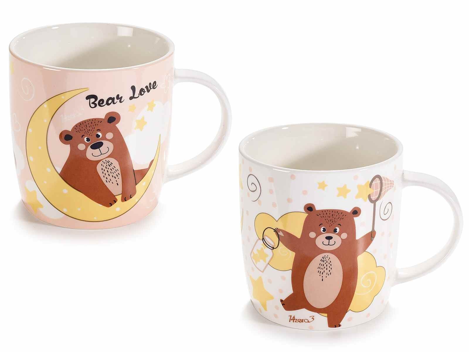 Glossy porcelain mugs for children, with teddy bear decoration