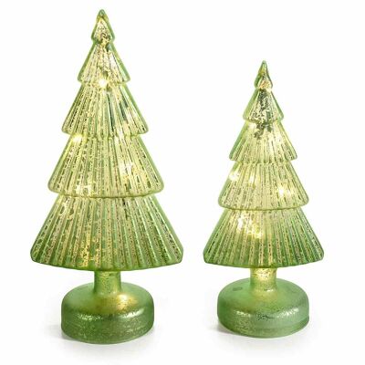 Sapins de Noël en verre avec paillettes argentées et lumières LED blanc chaud