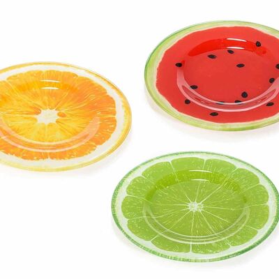 Platos redondos de vidrio con diseño de frutas de verano.
