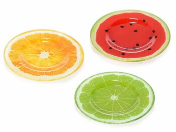 Assiettes rondes en verre motif fruits d'été