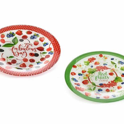 Round glass plates with red fruit design 14zero3