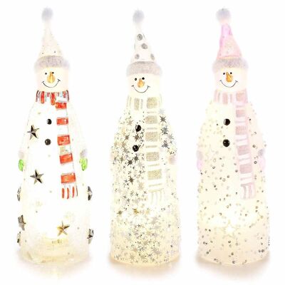 Luminous glass Christmas snowmen decorated with LED lights and pompoms on hats