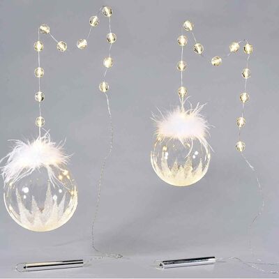 Luminous decorated glass spheres to hang with LED lights and decorative feathers in a set of 2 pcs