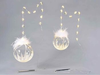 Sphères lumineuses en verre décorées à suspendre avec lumières LED et plumes décoratives en lot de 2 pcs