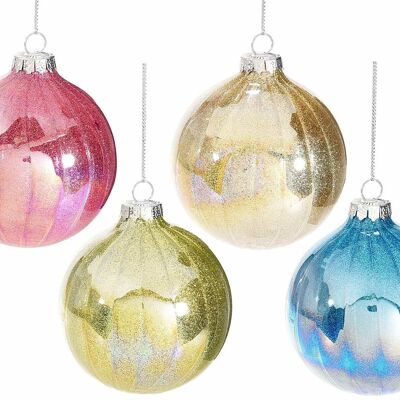 Christmas baubles to hang in shiny and glittery colored glass in a display