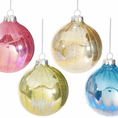 Boules de Noël à accrocher dans des verres colorés brillants et pailletés dans un présentoir