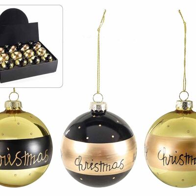 Colored glass Christmas baubles with golden glitter decorations in display