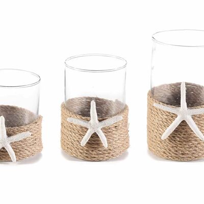 Set de 3 bougeoirs en verre décorés d'étoiles de mer et de corde