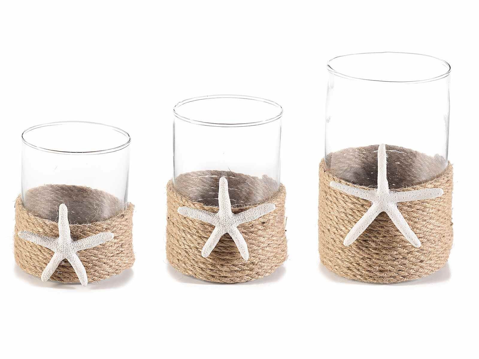 Set of 3 glass candle holders decorated with starfish and rope