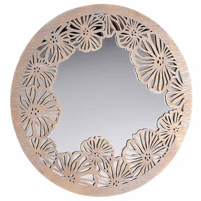 Round mirrors with wooden floral decorations to hang