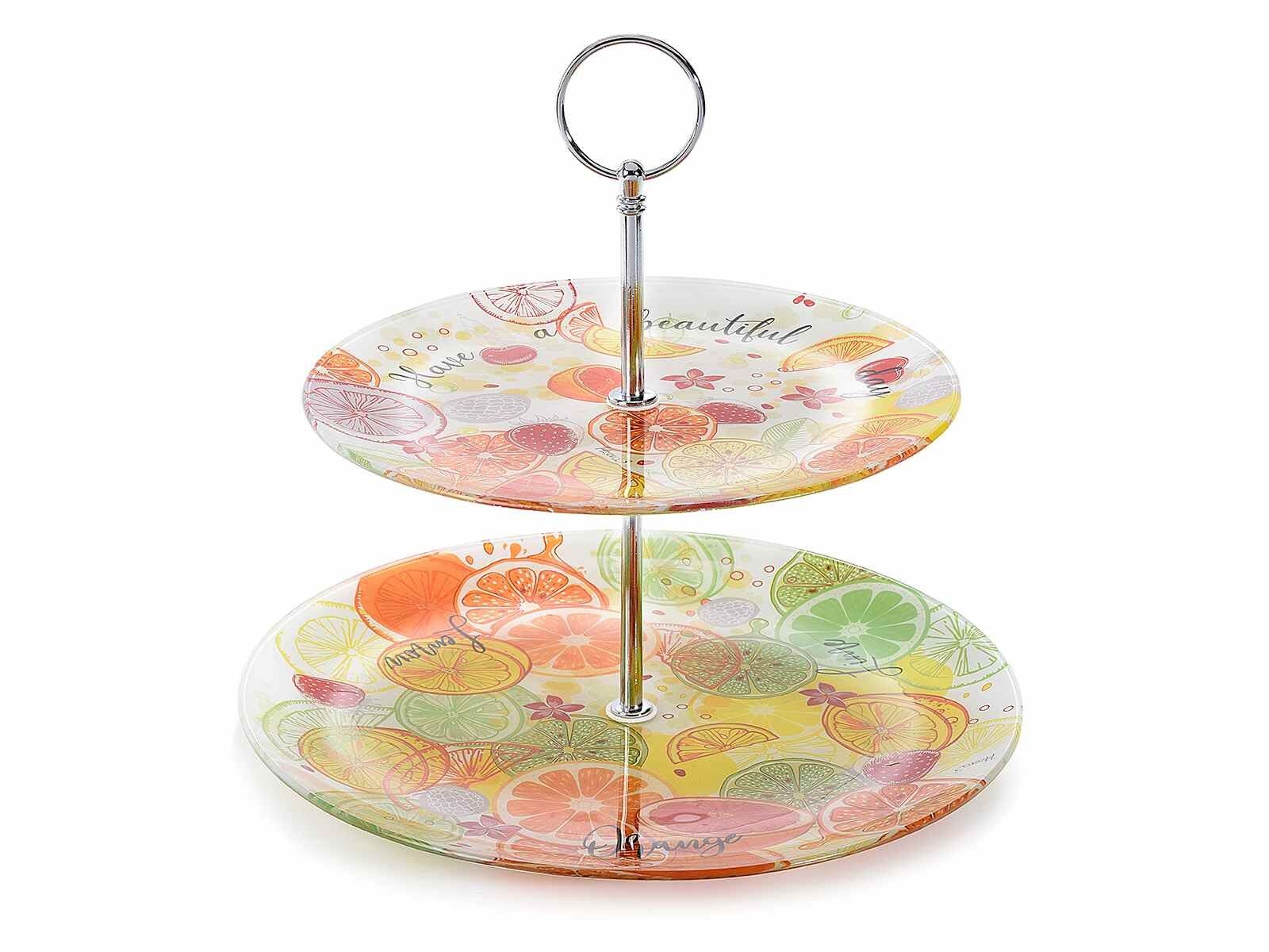 2-stöckiger Obstständer aus Glas mit Fruchtsaft-Design