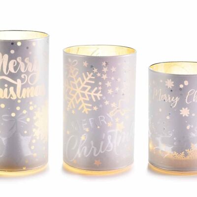 Zylinderlampen „Merry Christmas“ aus Glas, dekoriert mit LED-Lichtern, im 3er-Set