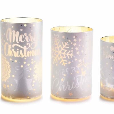 Lampade a cilindro Merry Christmas in vetro decorato con luci LED in set da 3 pezzi